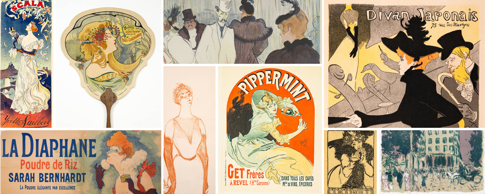 Collage of nine different images from the GVSU Art Museum Collection that showcase French prints.